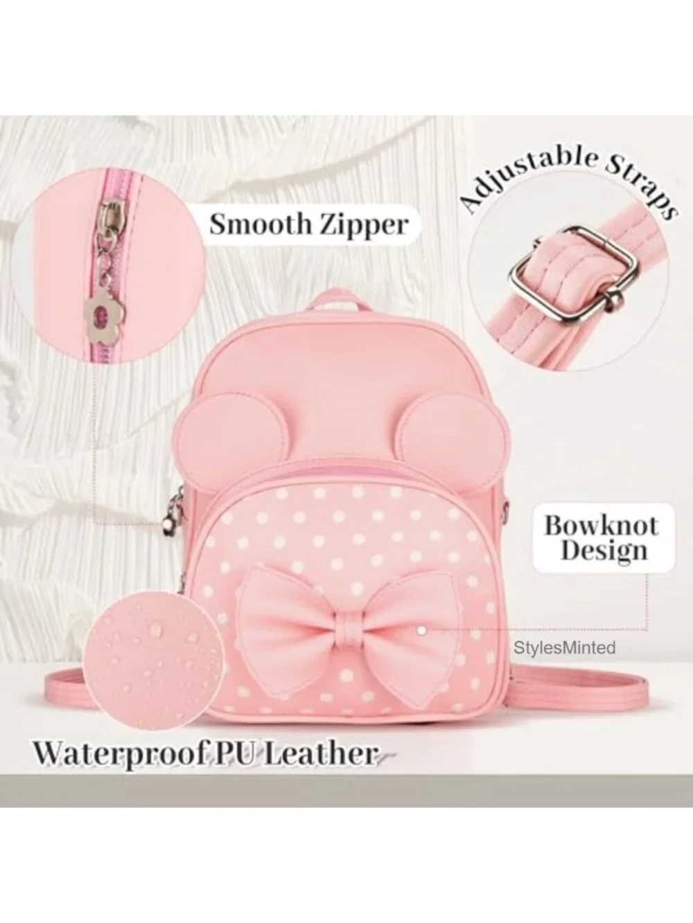 Mini Backpack for Women Girls Cute Bowknot Polka Dot Small Daypack Adjustable